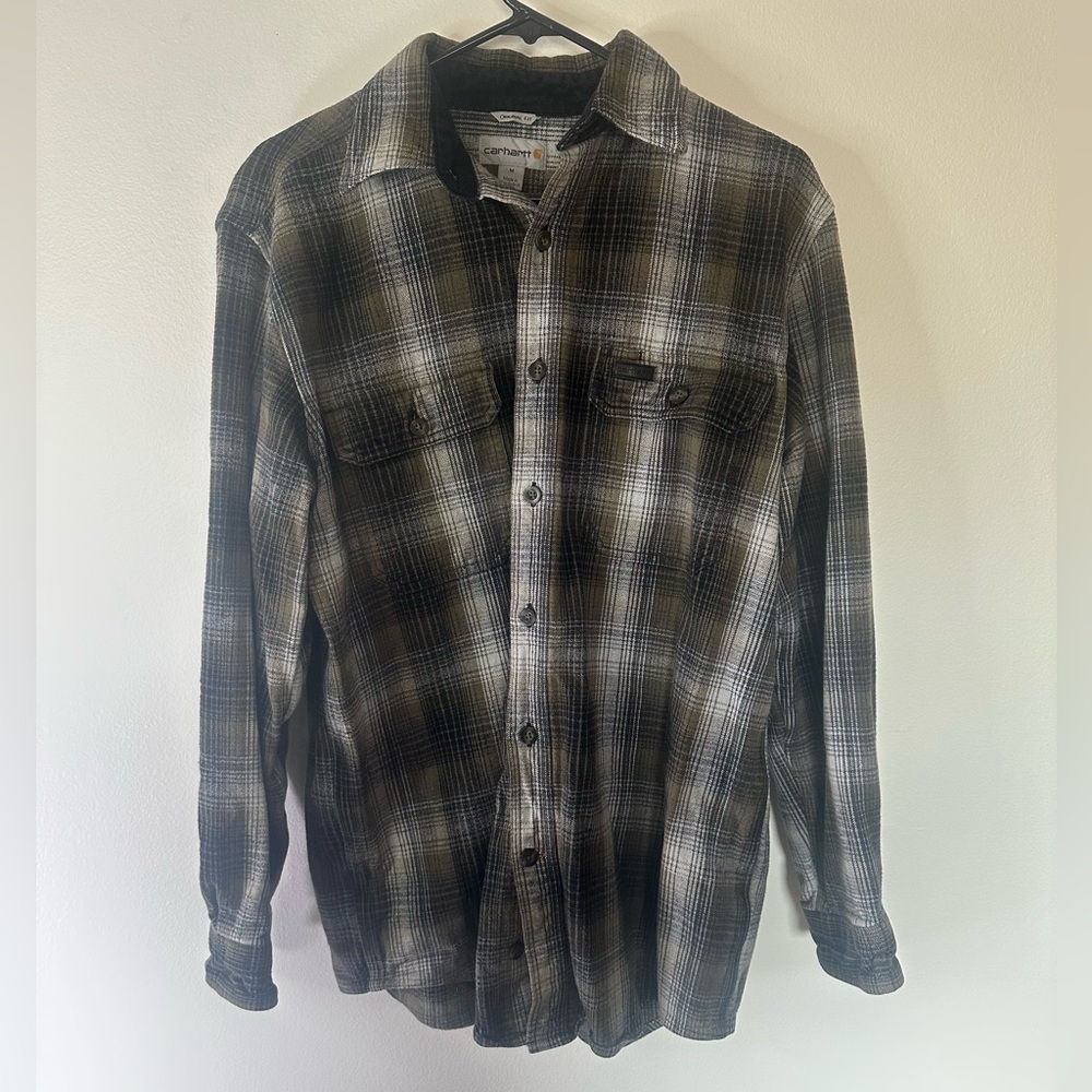 Men's Black & Olive Green Carhartt Relaxed Plaid Flannel Size Medium